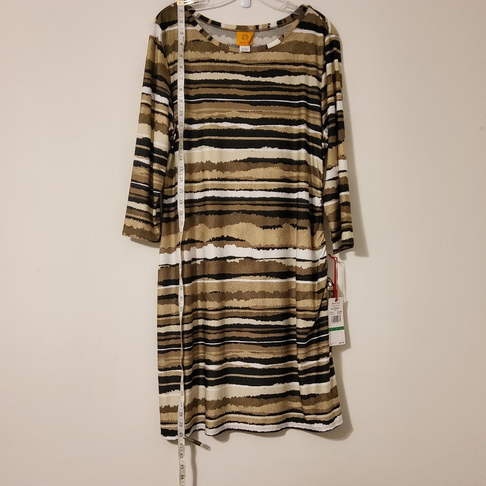 Ruby Rd. Brown/Tan/Black/Cream Striped Ruched Shift Midi Dress - Picture 2 of 8